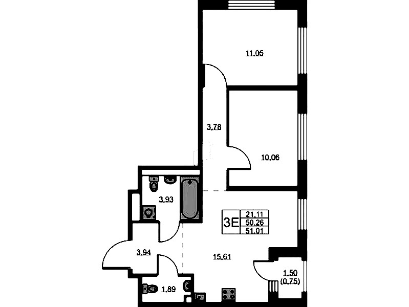 3-комнатная квартира 51.01 м², 5/9 эт., ЖК «GloraX Новоселье»